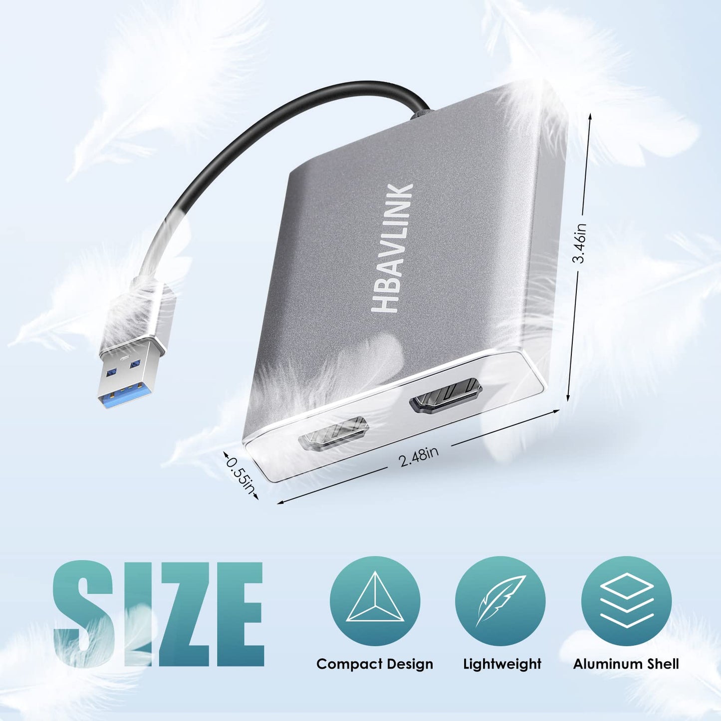 HBAVLINK USB 3.0 to Dual HDMI Adapter, Supports 4K@30Hz & 1080P@60Hz, Compatible with Windows & Mac OS Devices