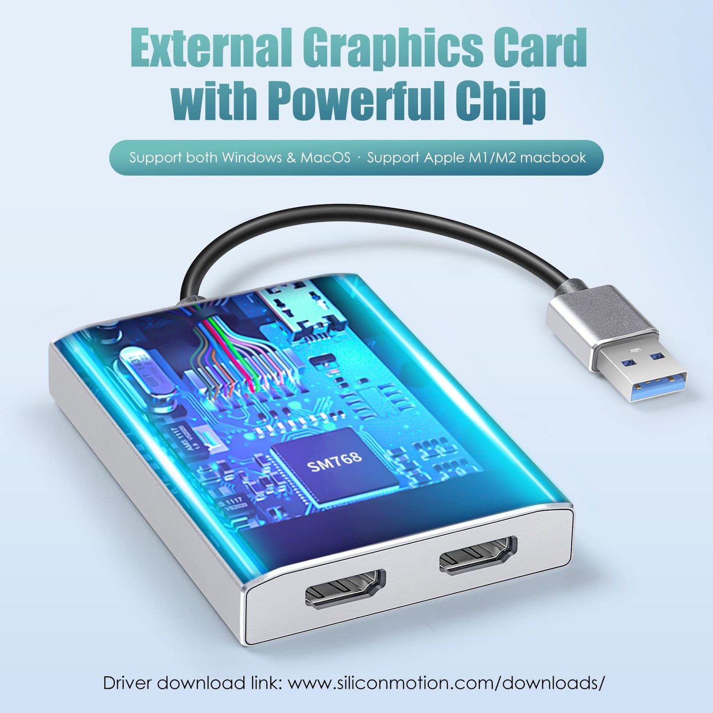 HBAVLINK USB 3.0 to Dual HDMI Adapter, Supports 4K@30Hz & 1080P@60Hz, Compatible with Windows & Mac OS Devices