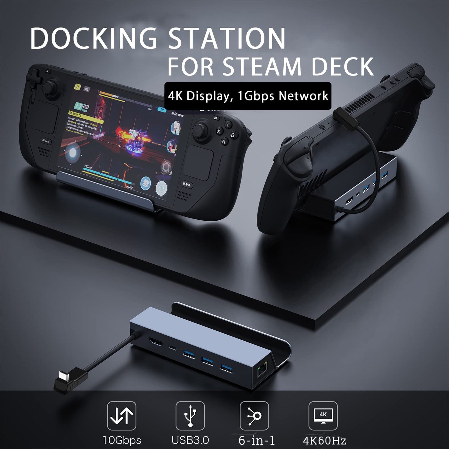 Docking Station for Steam Deck, HBAVLINK 6-in-1 Steam Deck Dock with HDMI 2.0 4K 60Hz, 3X USB 3.0, Gigabit Ethernet