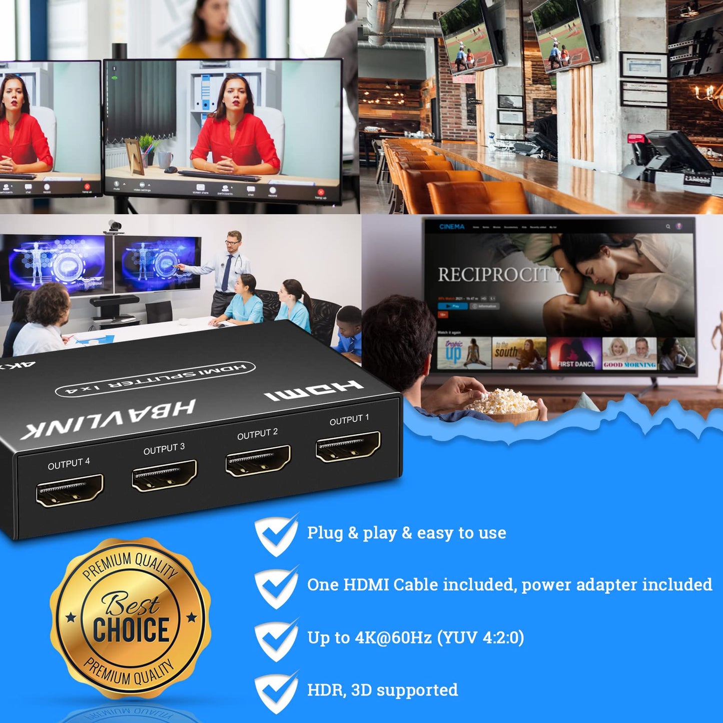 HDMI Splitter 1 in 4 Out 4K, HBAVLINK 4 Port HDMI Splitter Powered Video Splitter 4 Outputs w/HDMI Cord+ AC Adapter, Duplicate/Mirror Screens for Fire Stick/Roku/DirecTV/Cable Box/Security Cameras