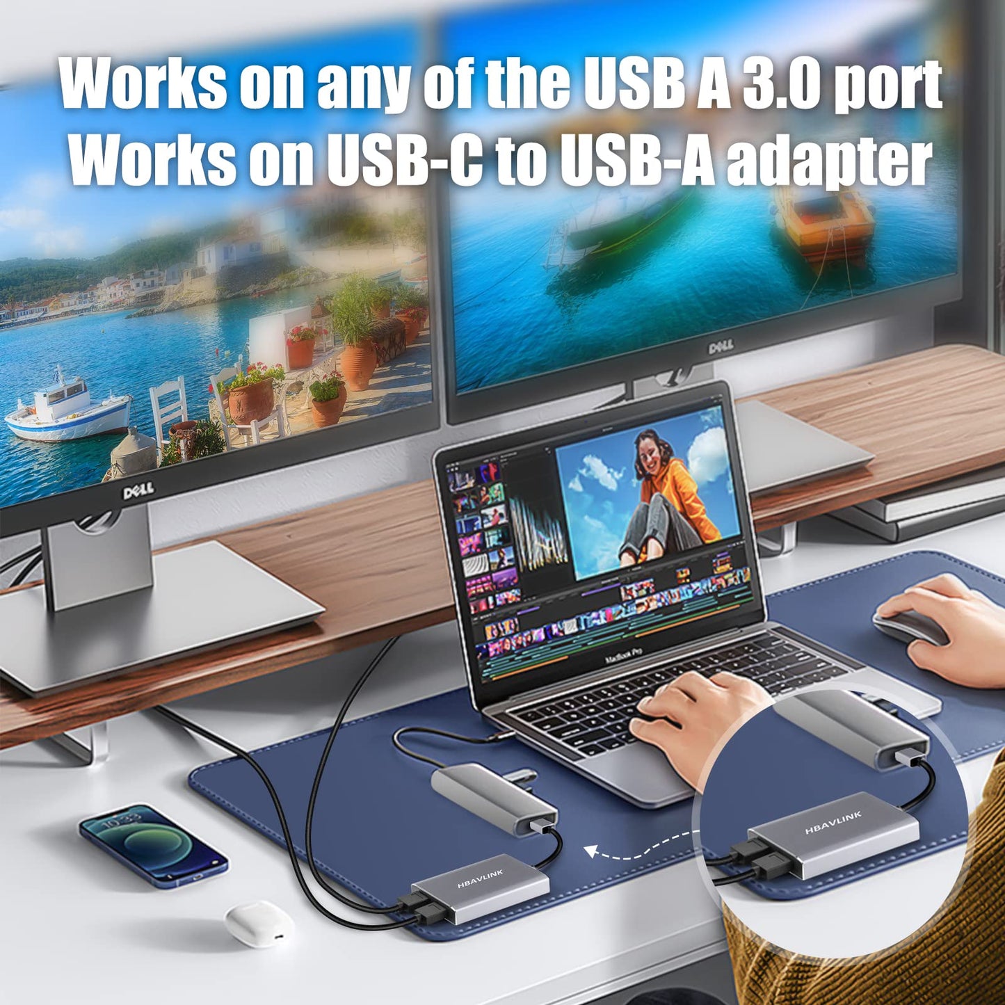 HBAVLINK USB 3.0 to Dual HDMI Adapter, Supports 4K@30Hz & 1080P@60Hz, Compatible with Windows & Mac OS Devices