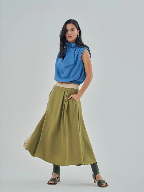 Khaki Cotton Flared Skirt