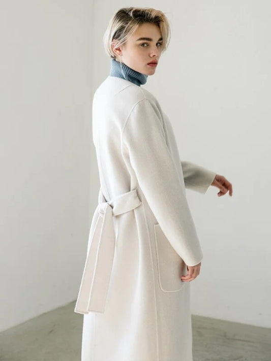 White Wool / Cashmere Normal Wrap Coat with Long Sleeves