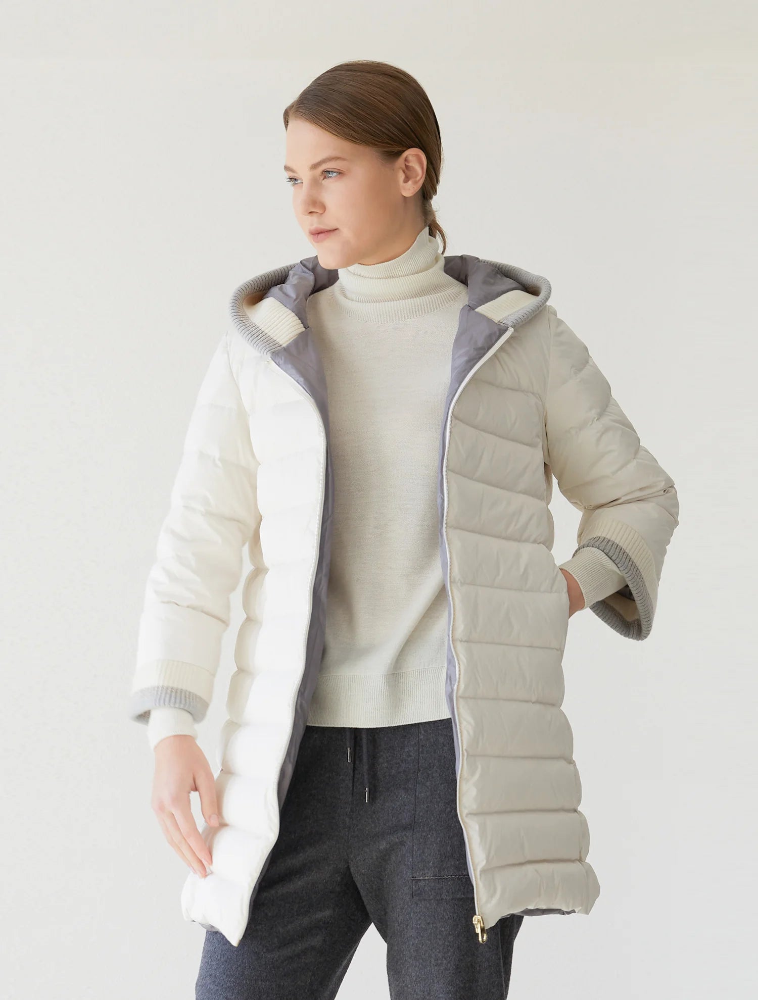 White Synthetic / Polyester Normal Puffer Jacket with Long Sleeves