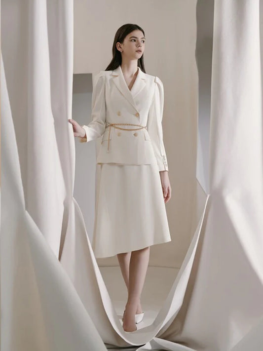 White Synthetic / Polyester Normal Double-Breasted Jacket with Long Sleeves