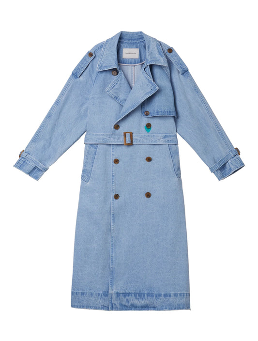 Skyblue Denim Normal Trench Coat with Long Sleeves