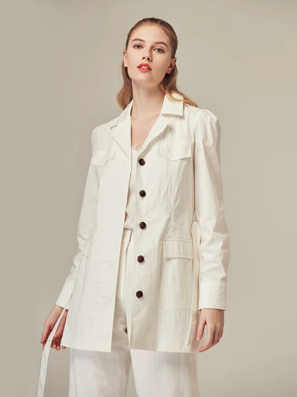 White Cotton Normal Single-Breasted Jacket with Long Sleeves