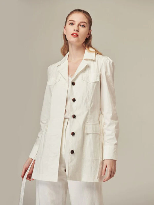 White Cotton Normal Single-Breasted Jacket with Long Sleeves