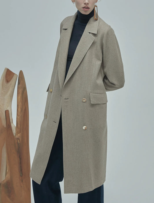 Grey Wool / Cashmere Oversized Double-Breasted Coat with Long Sleeves