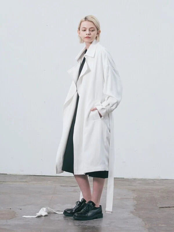 White Synthetic / Polyester Oversized Trench Coat with Long Sleeves