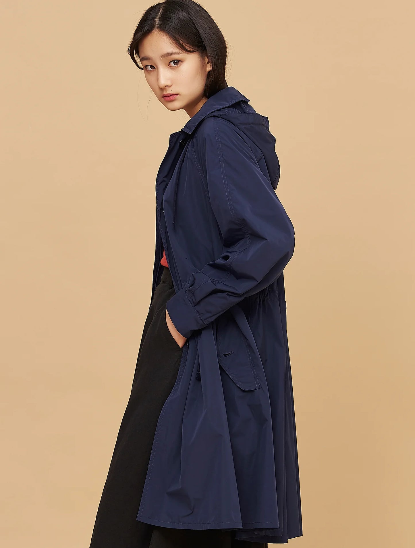 Navy Synthetic / Polyester Oversized Trench Coat with Long Sleeves