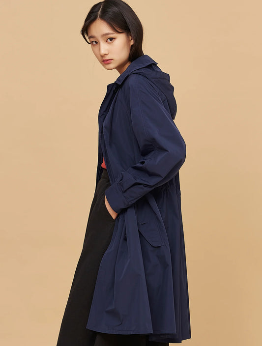 Navy Synthetic / Polyester Oversized Trench Coat with Long Sleeves