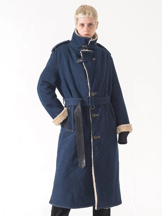 Navy Wool / Cashmere Normal Shearling Coat with Long Sleeves