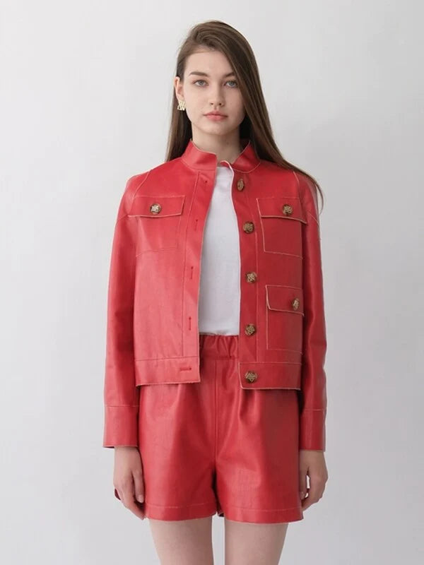 Red Cotton Normal Jacket with Long Sleeves