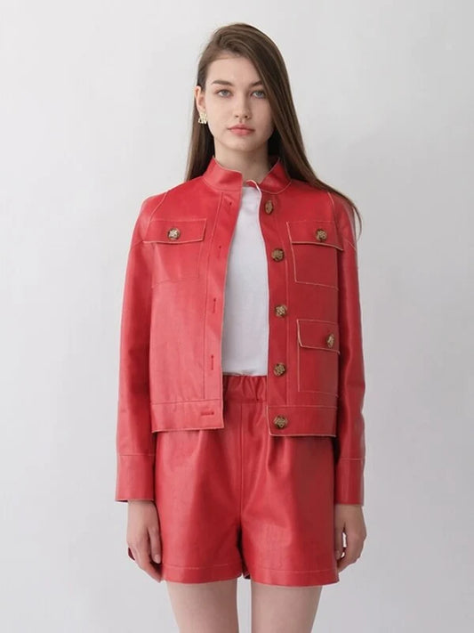 Red Cotton Normal Jacket with Long Sleeves