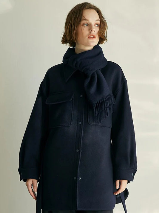 Navy Wool / Cashmere Oversized Single-Breasted Coat with Long Sleeves