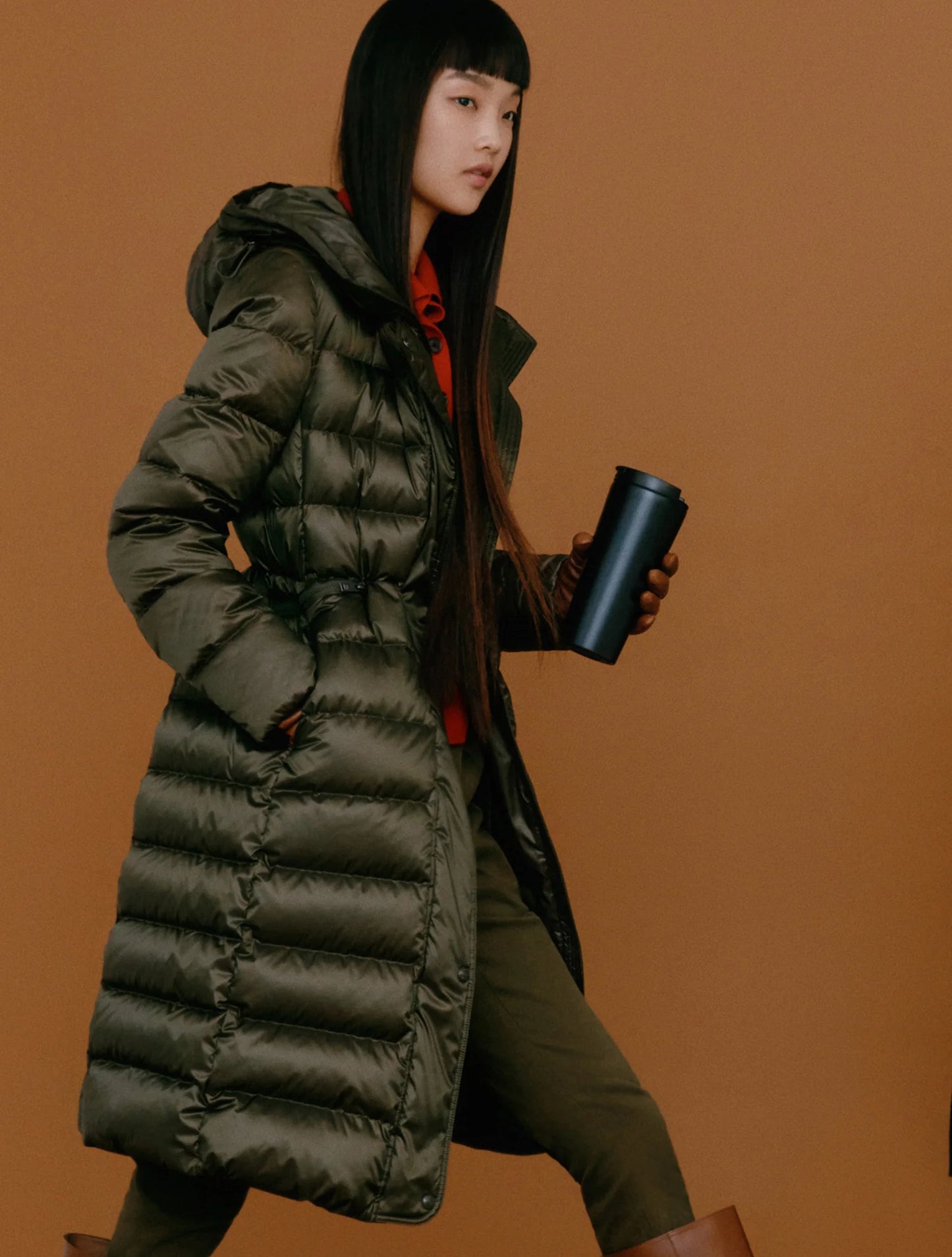 Khaki Synthetic / Polyester Oversized Puffer Jacket with Long Sleeves