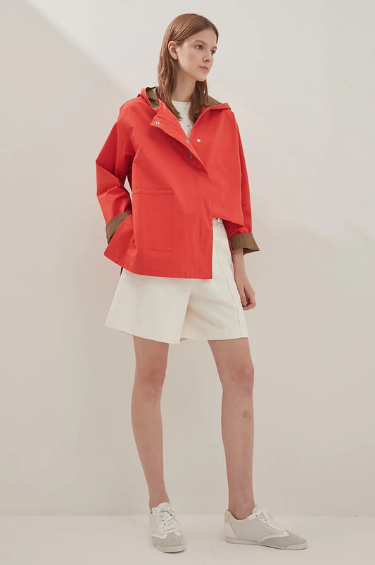 Red Synthetic / Polyester Oversized Windbreaker with 3/4 Sleeve