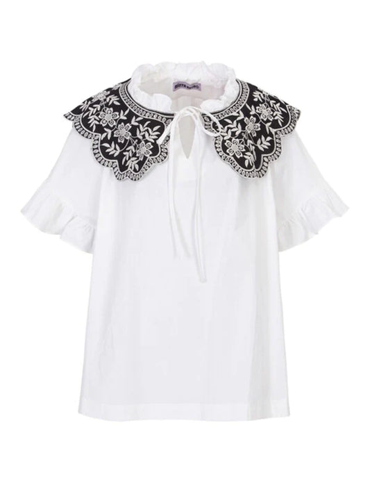 White Cotton Normal Blouse with Short Sleeves