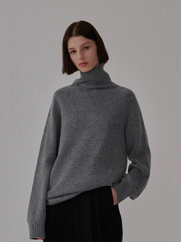 Grey Knit Oversized Turtleneck with Long Sleeves