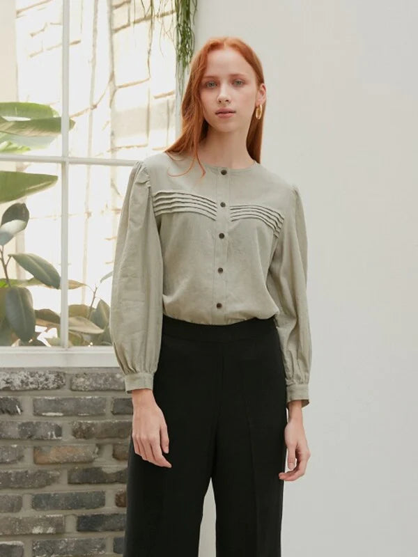 Grey Cotton Normal Blouse with Long Sleeves
