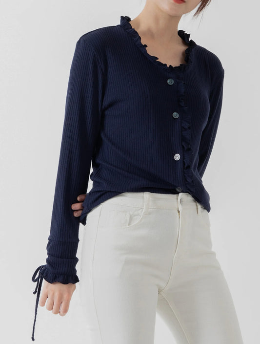 Navy Knit Normal Cardigan with Long Sleeves