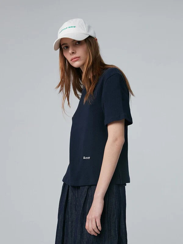 Navy Cotton Normal T-Shirt with Short Sleeves