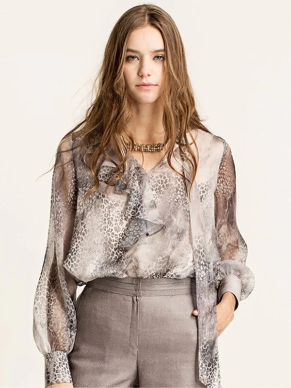 Grey Chiffon Normal Blouse with Long Sleeves