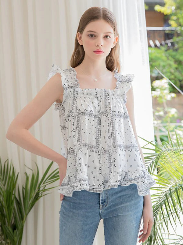 White Cotton Normal Blouse with Sleeveless