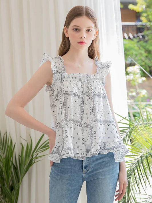 White Cotton Normal Blouse with Sleeveless
