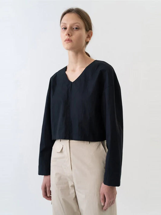 Navy Cotton Oversized Blouse with Long Sleeves