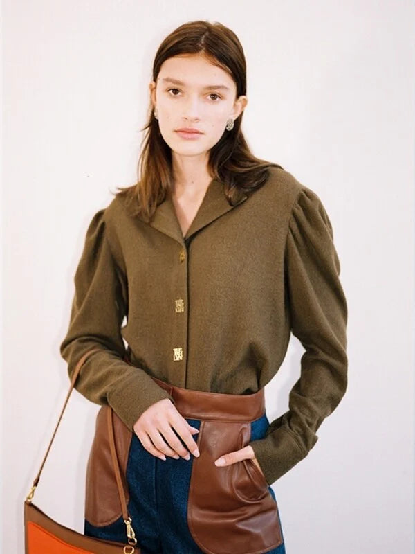 Khaki Synthetic / Polyester Normal Blouse with Long Sleeves
