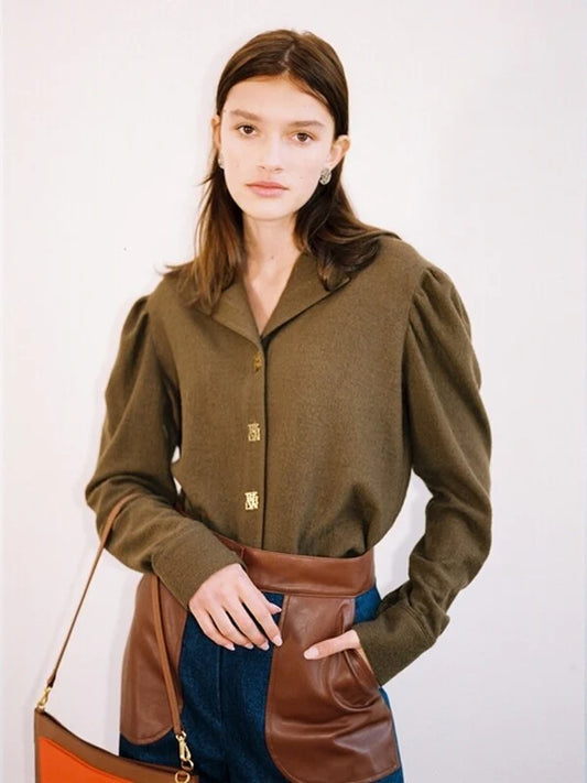 Khaki Synthetic / Polyester Normal Blouse with Long Sleeves
