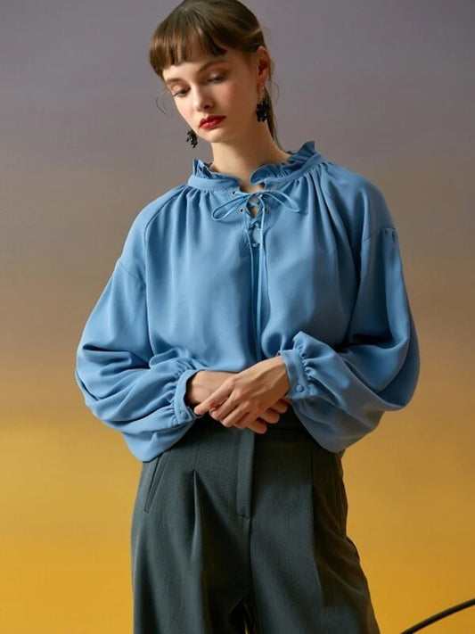 Skyblue Synthetic / Polyester Oversized Blouse with Long Sleeves