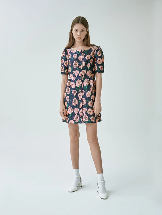 Navy Synthetic / Polyester Tunic Dress with Short Sleeves