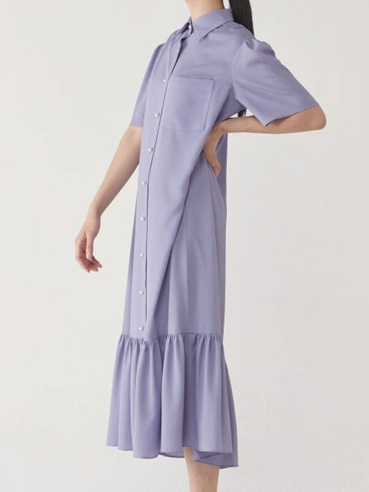 Purple Cotton Shirt Dress with Short Sleeves