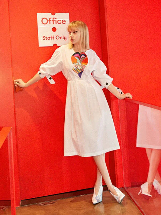 White Cotton Shirt Dress with 3/4 Sleeve