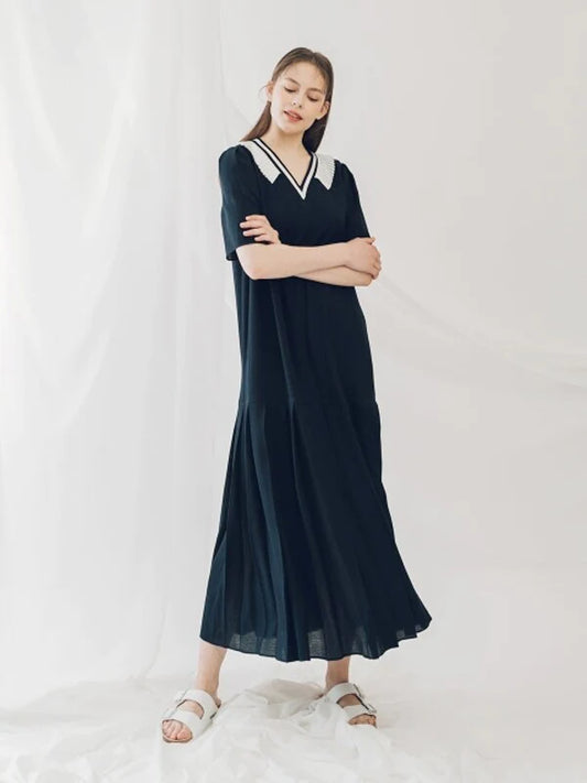 Navy Synthetic / Polyester Shirt Dress with Short Sleeves