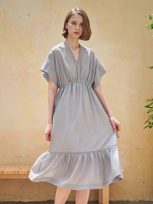 Grey Cotton Shirt Dress with Short Sleeves