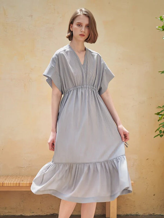 Grey Cotton Shirt Dress with Short Sleeves
