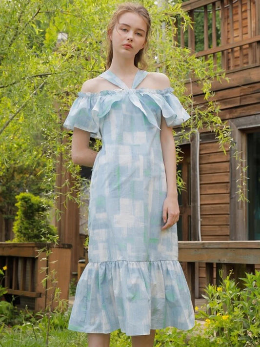 Skyblue Cotton Off the Shoulder Dress with Short Sleeves