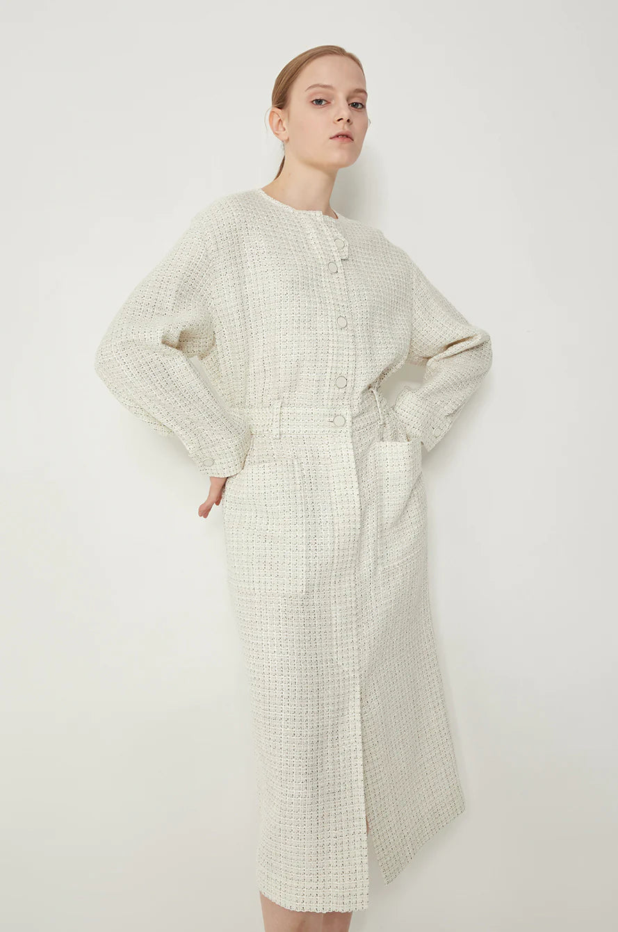 White Knit Shirt Dress with Long Sleeves