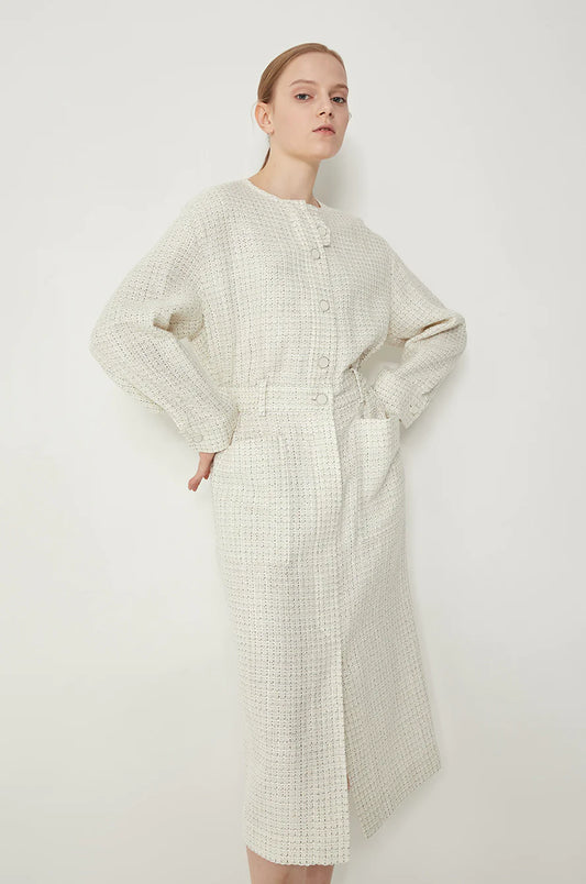 White Knit Shirt Dress with Long Sleeves