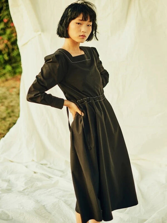 Khaki Cotton Overall Dress with Long Sleeves
