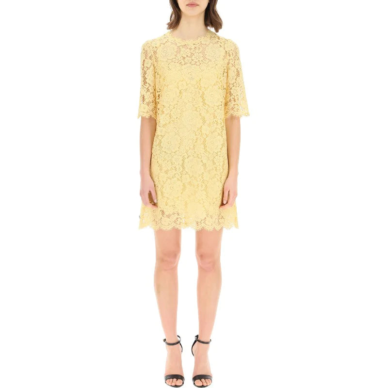 Yellow Lace Tunic Dress with Short Sleeves