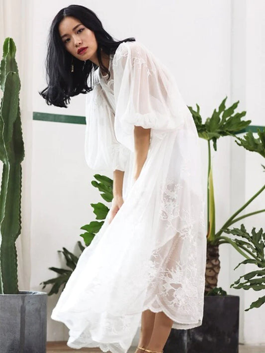 White Cotton Tunic Dress with 3/4 Sleeve