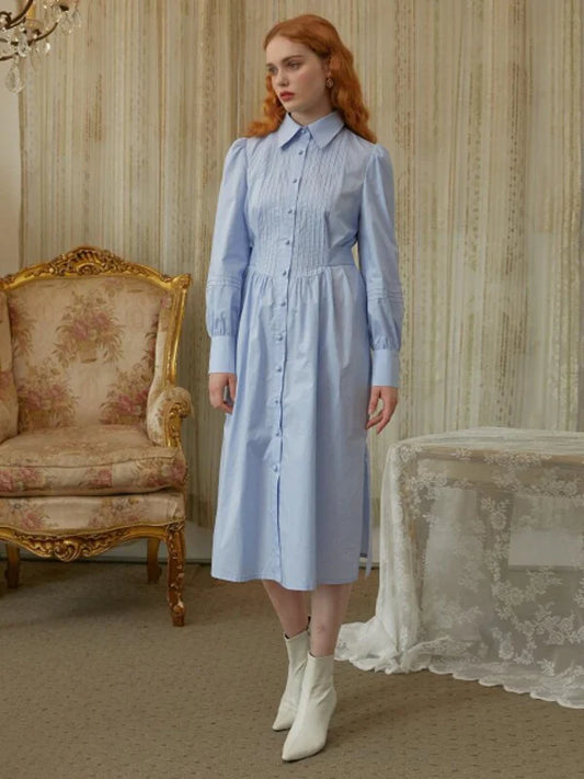 Skyblue Cotton Shirt Dress with Long Sleeves