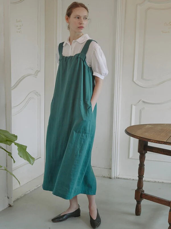 Green Linen Overall Dress with Sleeveless