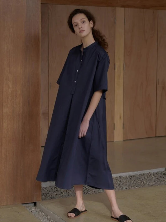 Navy Cotton Shirt Dress with Short Sleeves