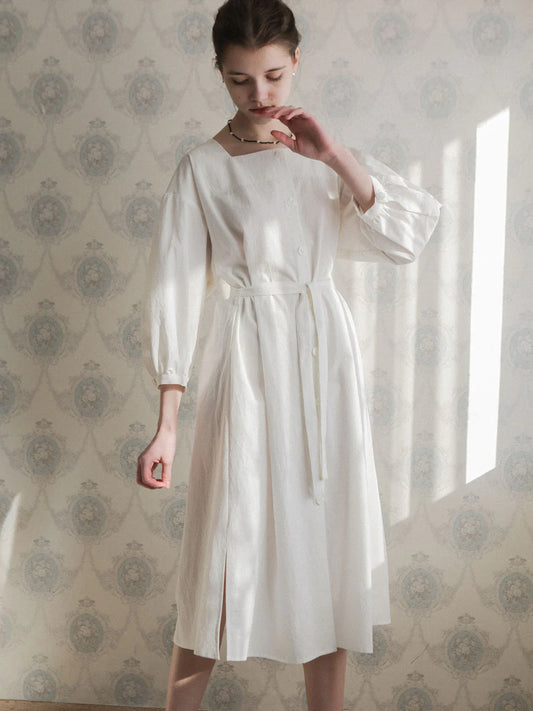 White Cotton Shirt Dress with 3/4 Sleeve